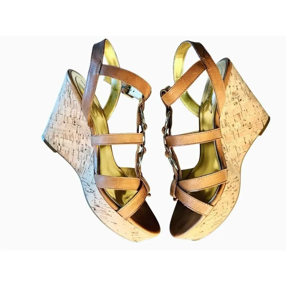 Marc Fisher Genny Brown Leather Strappy Wedge Sandals‎ Gold Metallic Details 10M